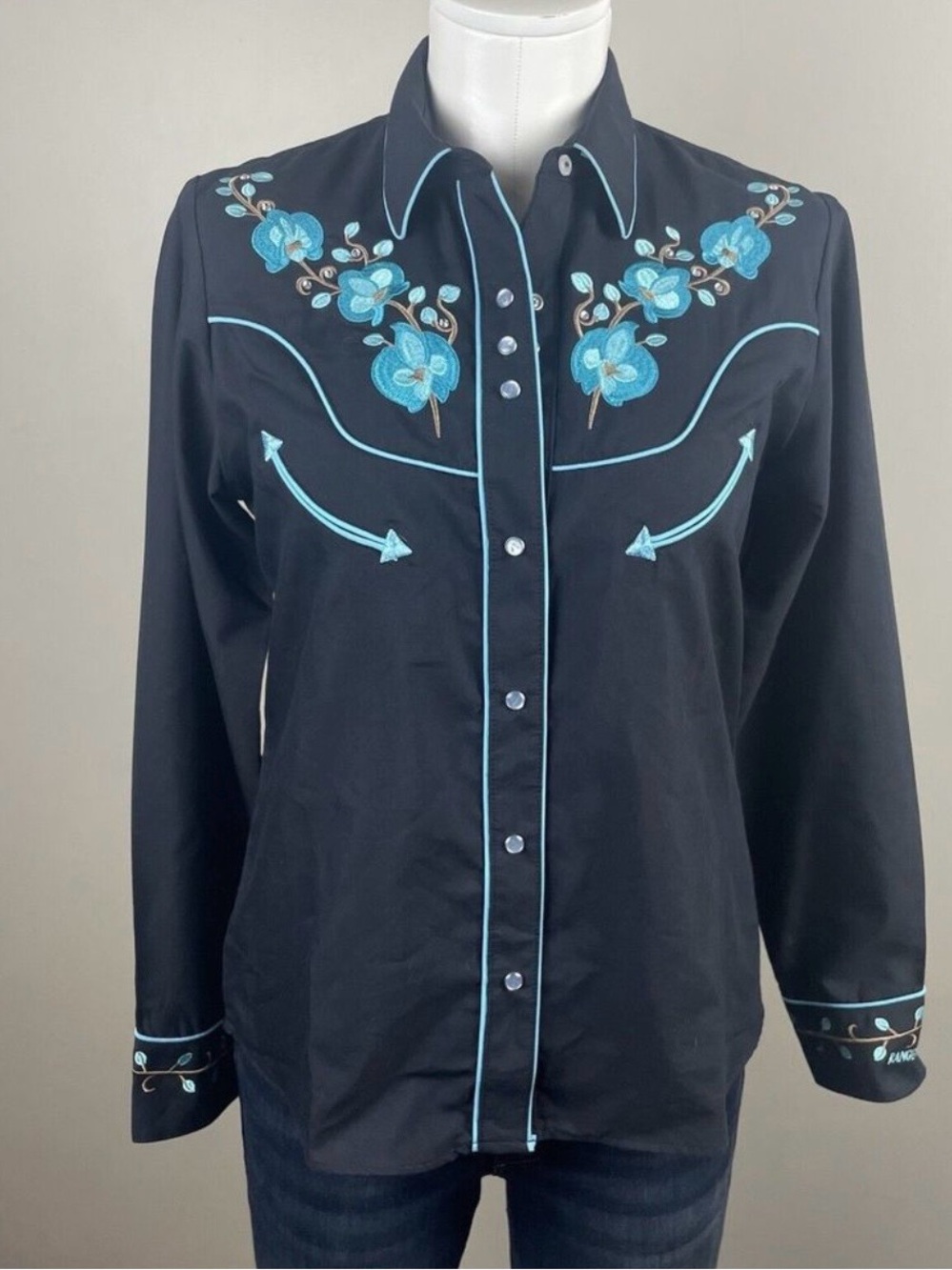 Black Button-Down Western Shirt with Turquoise Floral Embroidery